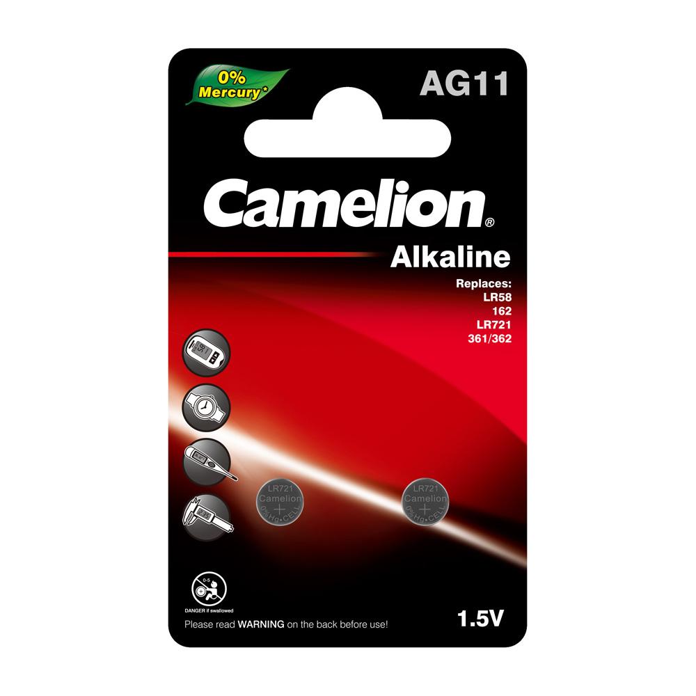 Camelion AG11 1.5V alkaline button cell battery in packaging, suitable for various electronic devices.
