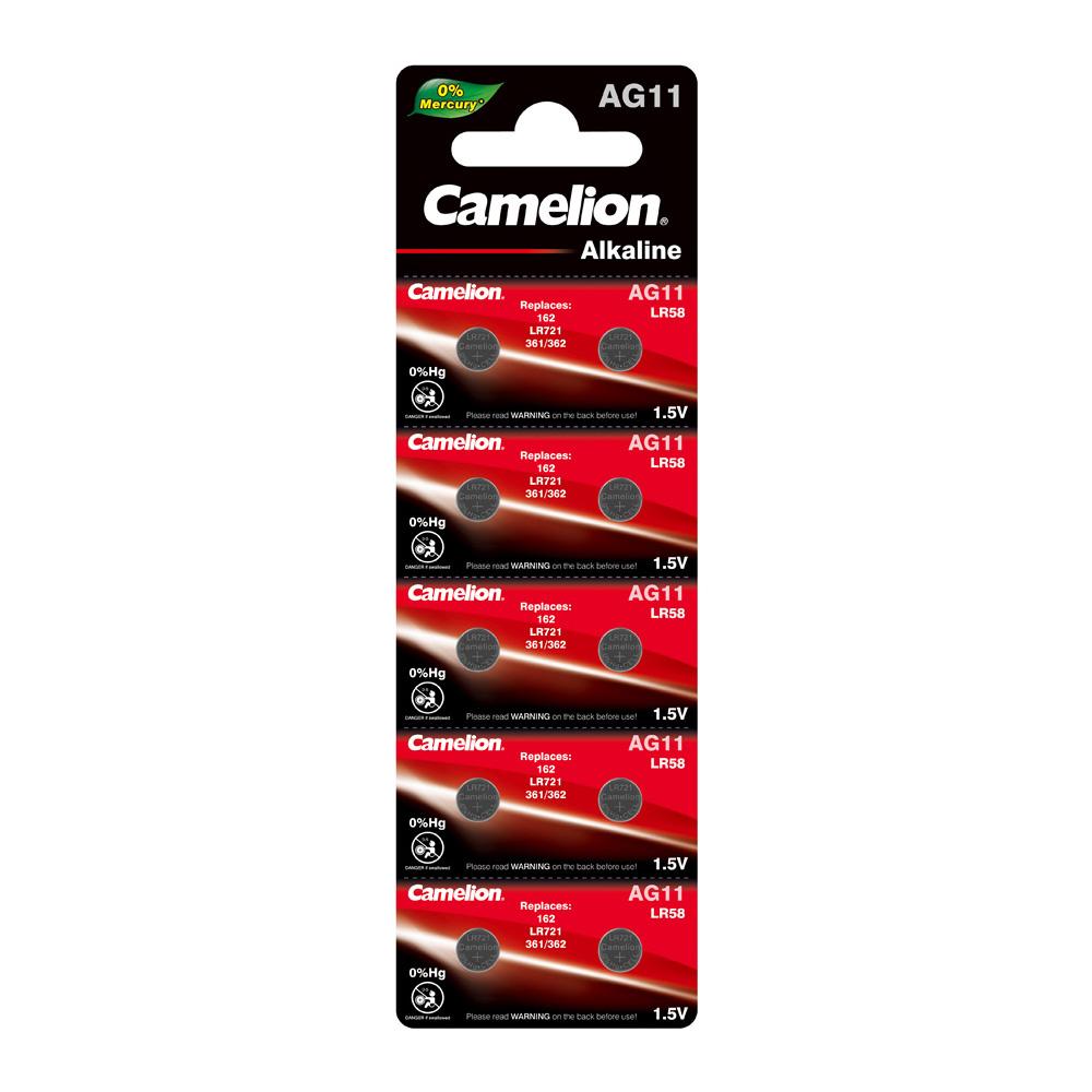 Camelion AG11 1.5V alkaline button cell battery in packaging, suitable for various electronic devices.