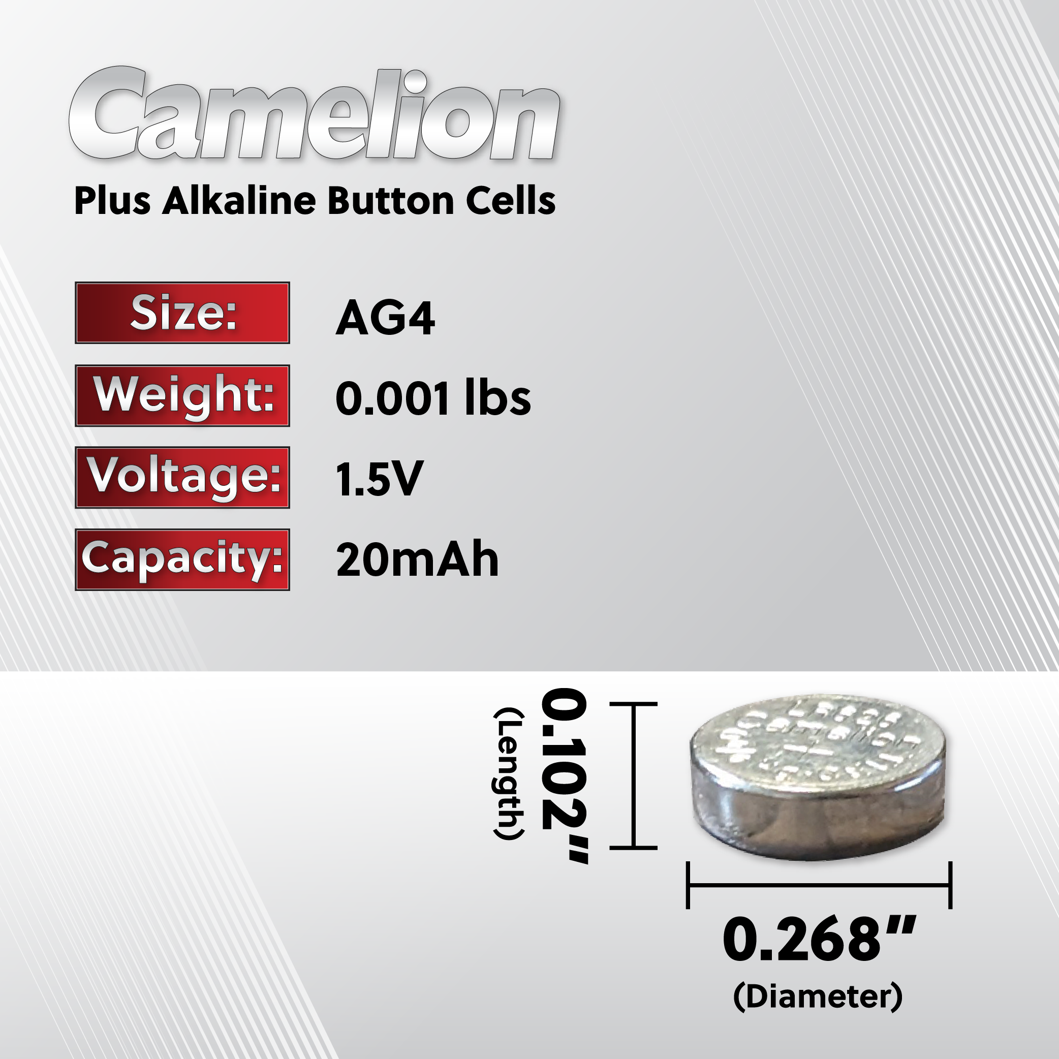 Camelion AG4 Alkaline Button Cell batteries in a 20 pack, ideal for various electronic devices.