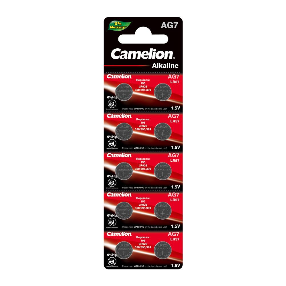 Camelion AG7 / 395 / LR926 1.5V alkaline button cell battery in packaging, ideal for various electronic devices.