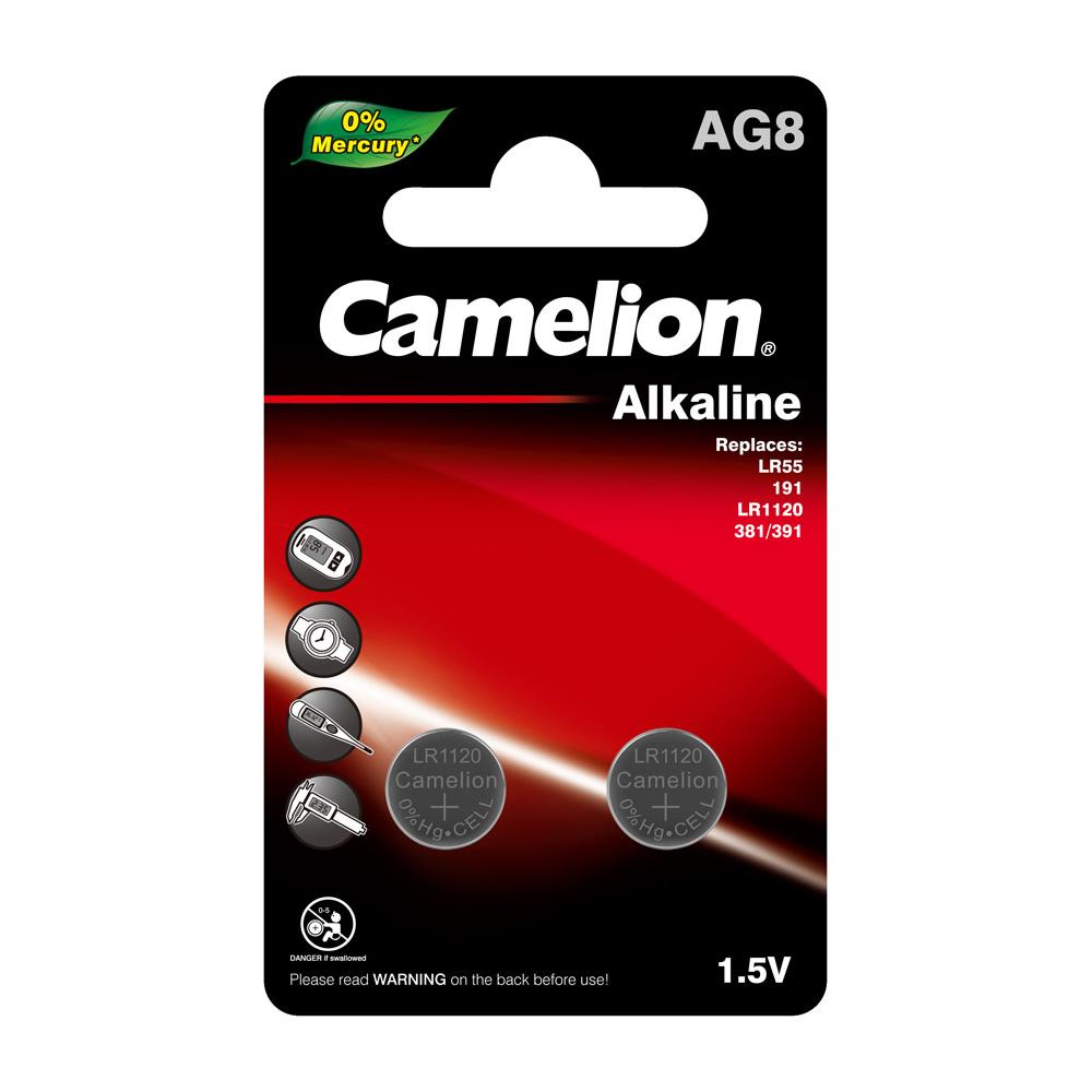 Camelion AG8 1.5V alkaline button cell battery in packaging, suitable for various electronic devices.