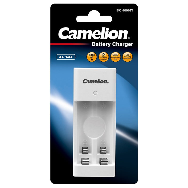 Camelion BC-0806T battery charger for AA and AAA batteries, featuring a compact design and LED charging indicator.