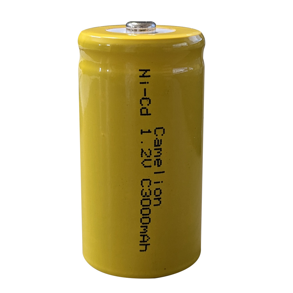 Camelion C Ni-Cd 3000mAh 1.2V Button Top battery with specifications and features highlighted.