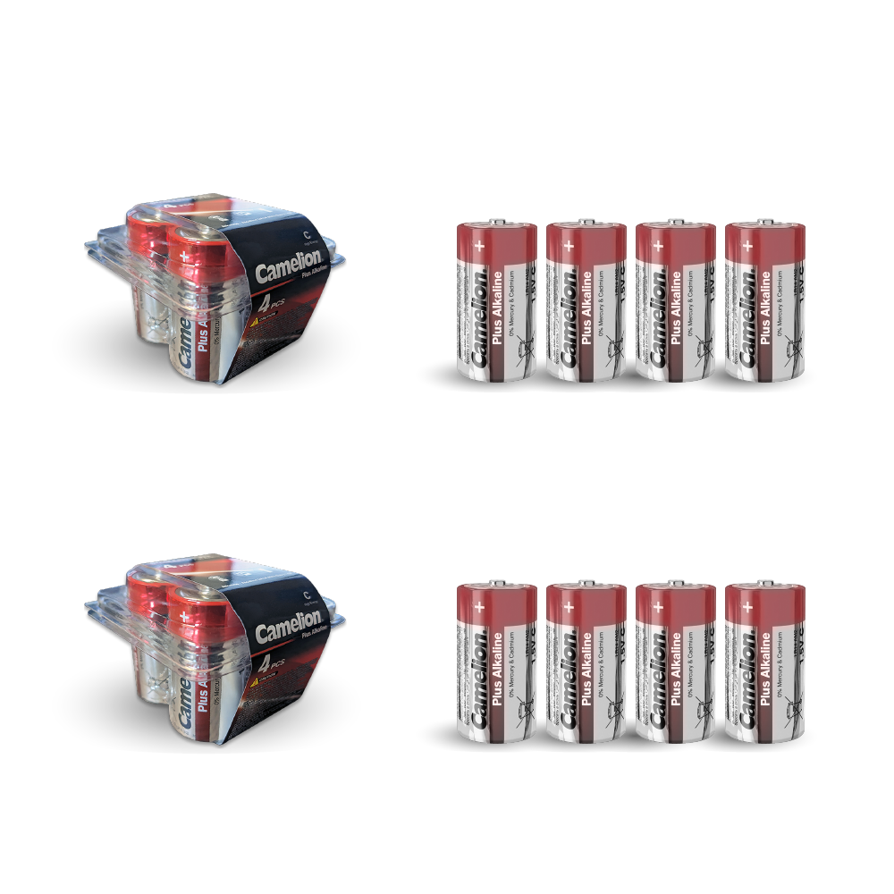 Camelion C Plus Alkaline Batteries 8 Pack, featuring reliable power for high drain devices, ideal for toys and electronics.