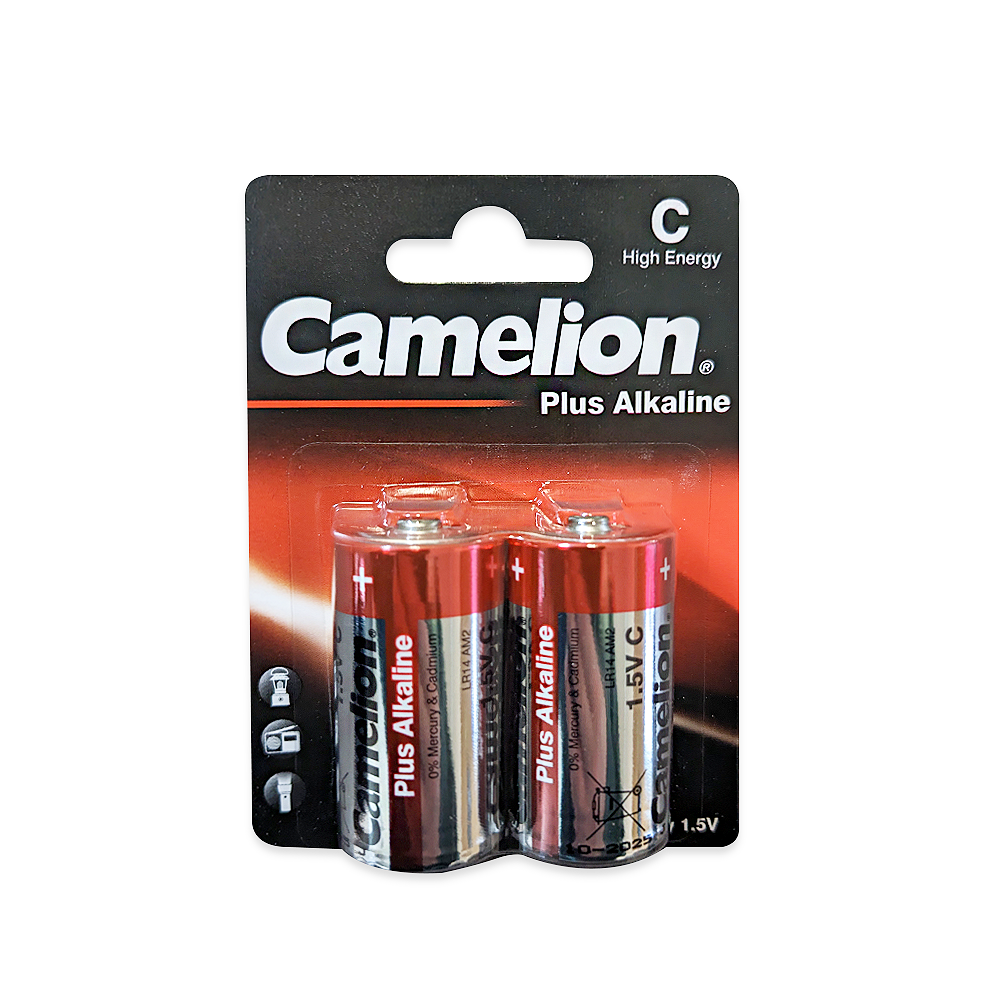 Camelion C Plus Alkaline Blister Pack of 2 batteries, showcasing the packaging and battery design.