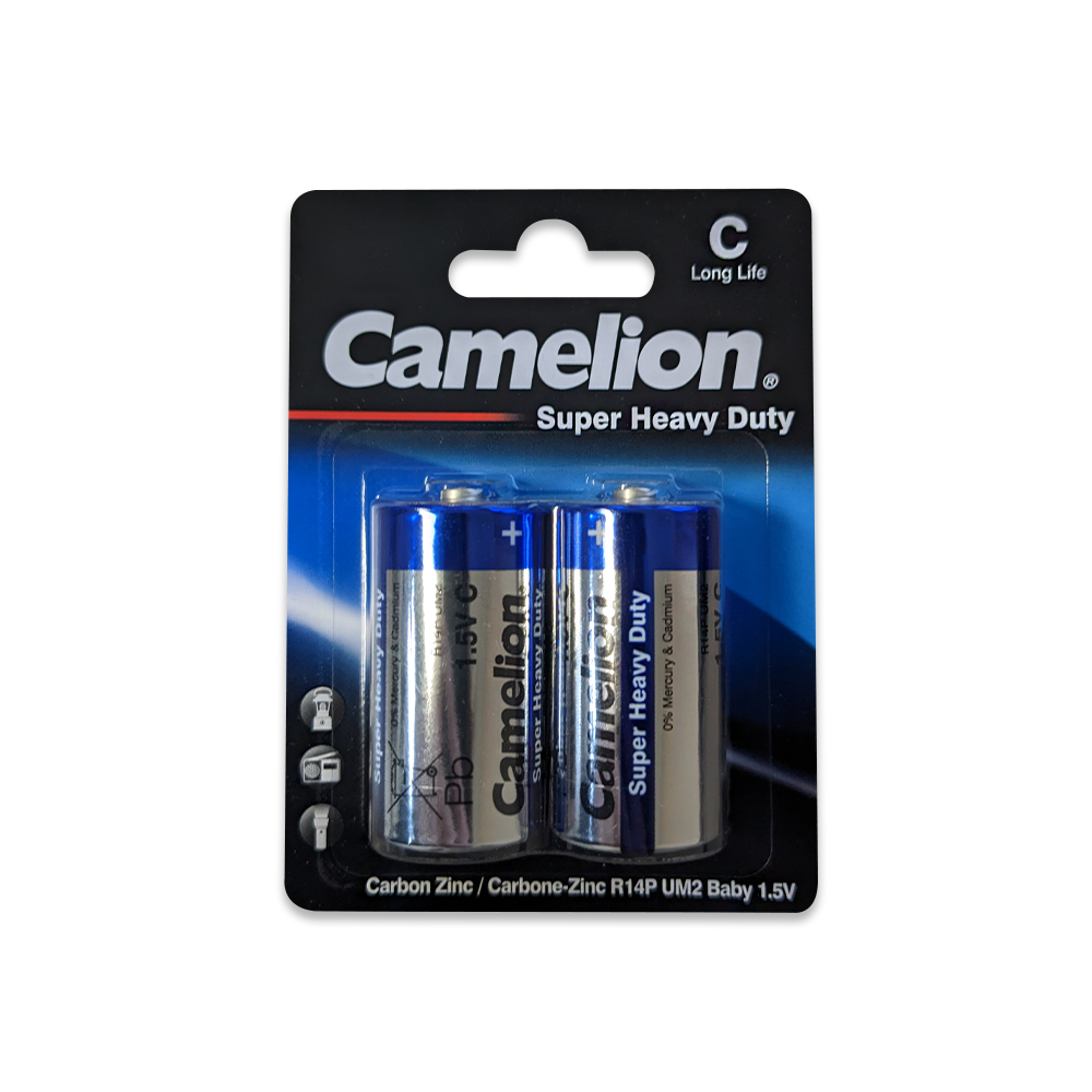Camelion C Super Heavy Duty 2pk batteries, showcasing their packaging and specifications.