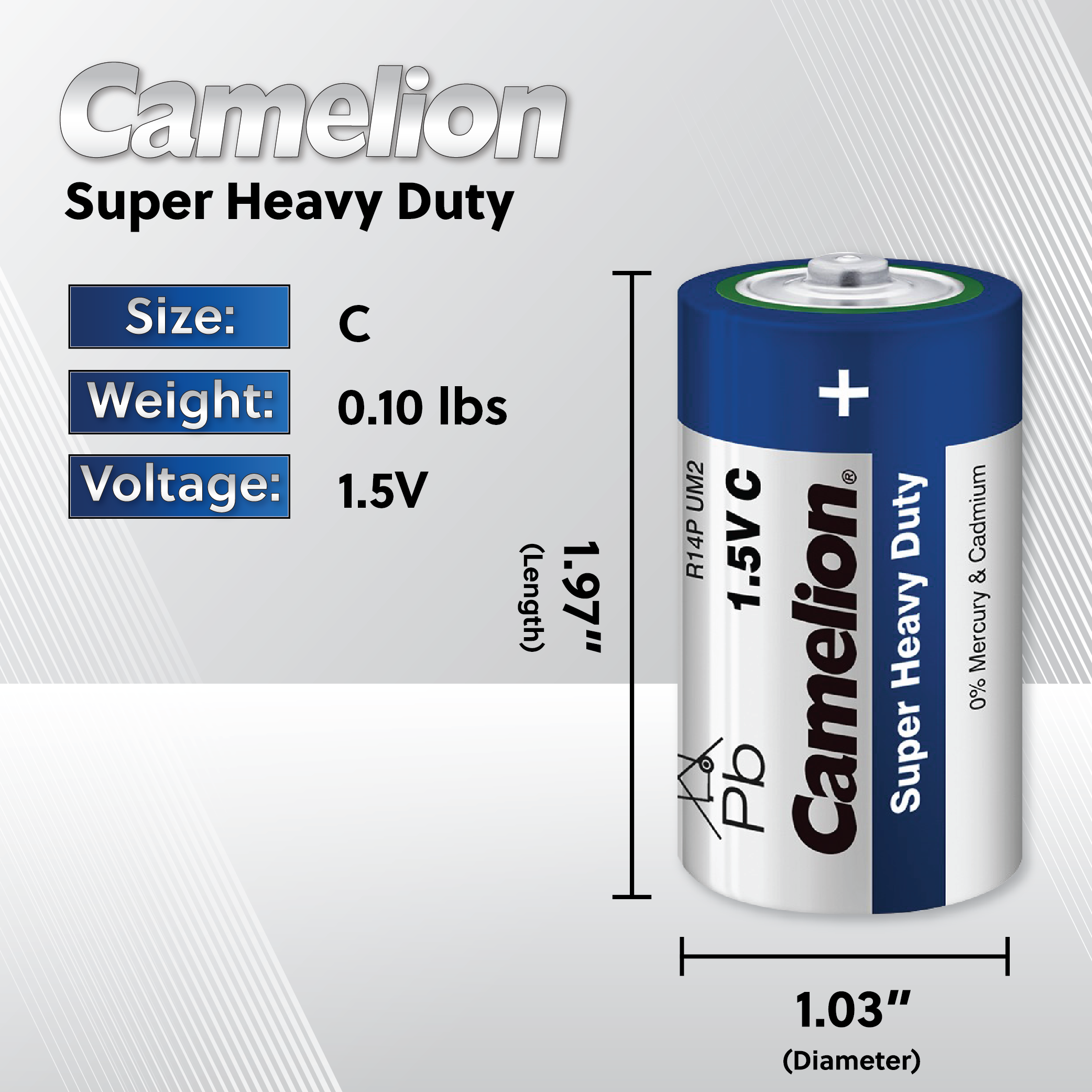Camelion C Super Heavy Duty 2pk batteries, showcasing their packaging and specifications.