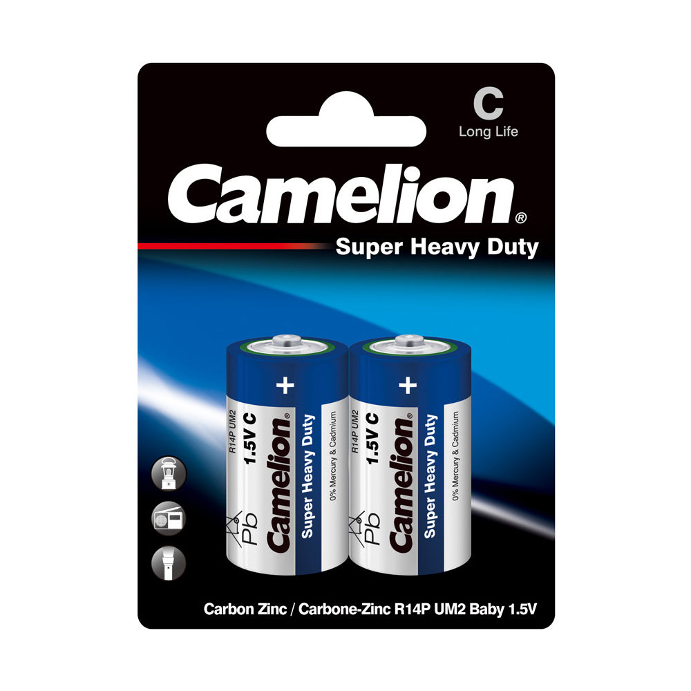 Camelion C Super Heavy Duty 2pk batteries, showcasing their packaging and specifications.