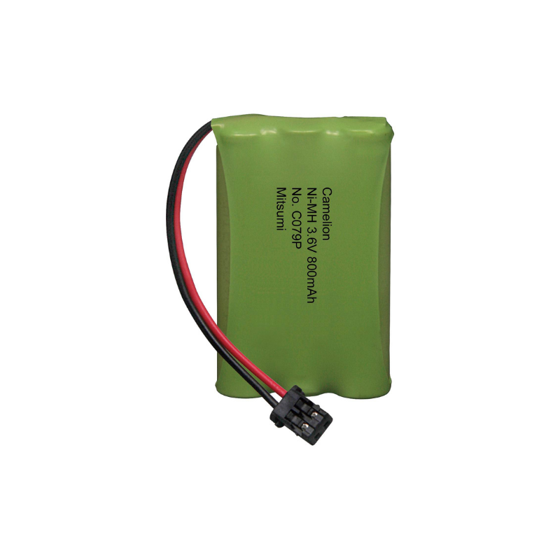 Camelion C079P Cordless Phone Battery with Mitsumi connector, 800mAh capacity, and 3.6V voltage.