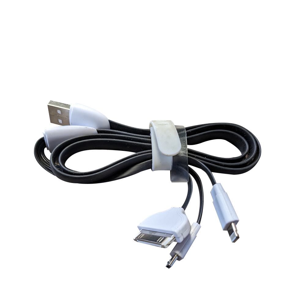 Camelion CDC006 3 In 1 USB, Micro-USB, Lightning Cable in black, showcasing three connectors for versatile charging.