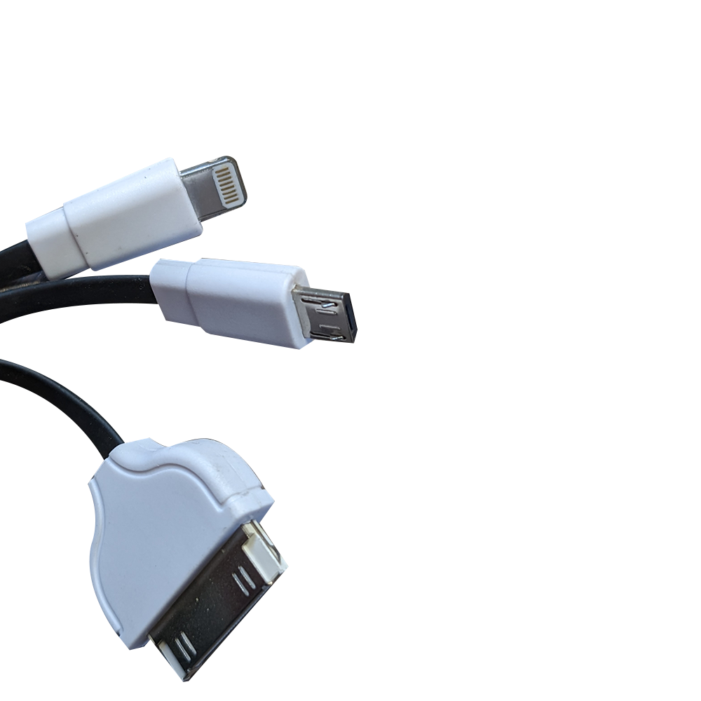Camelion CDC006 3 In 1 USB, Micro-USB, Lightning Cable in black, showcasing three connectors for versatile charging.