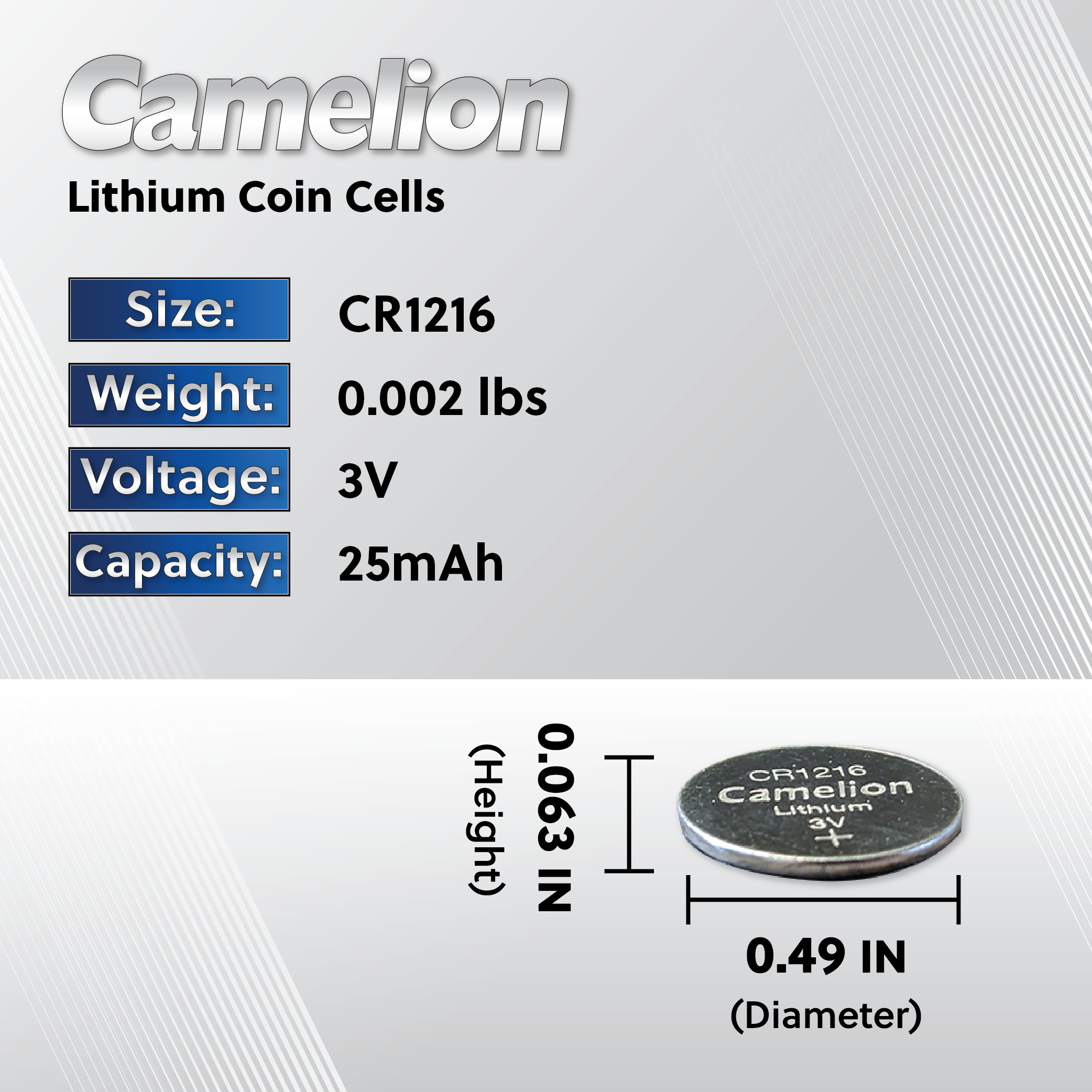 Camelion CR1216 3V Lithium Coin Cell Battery, compact and reliable for small electronic devices.