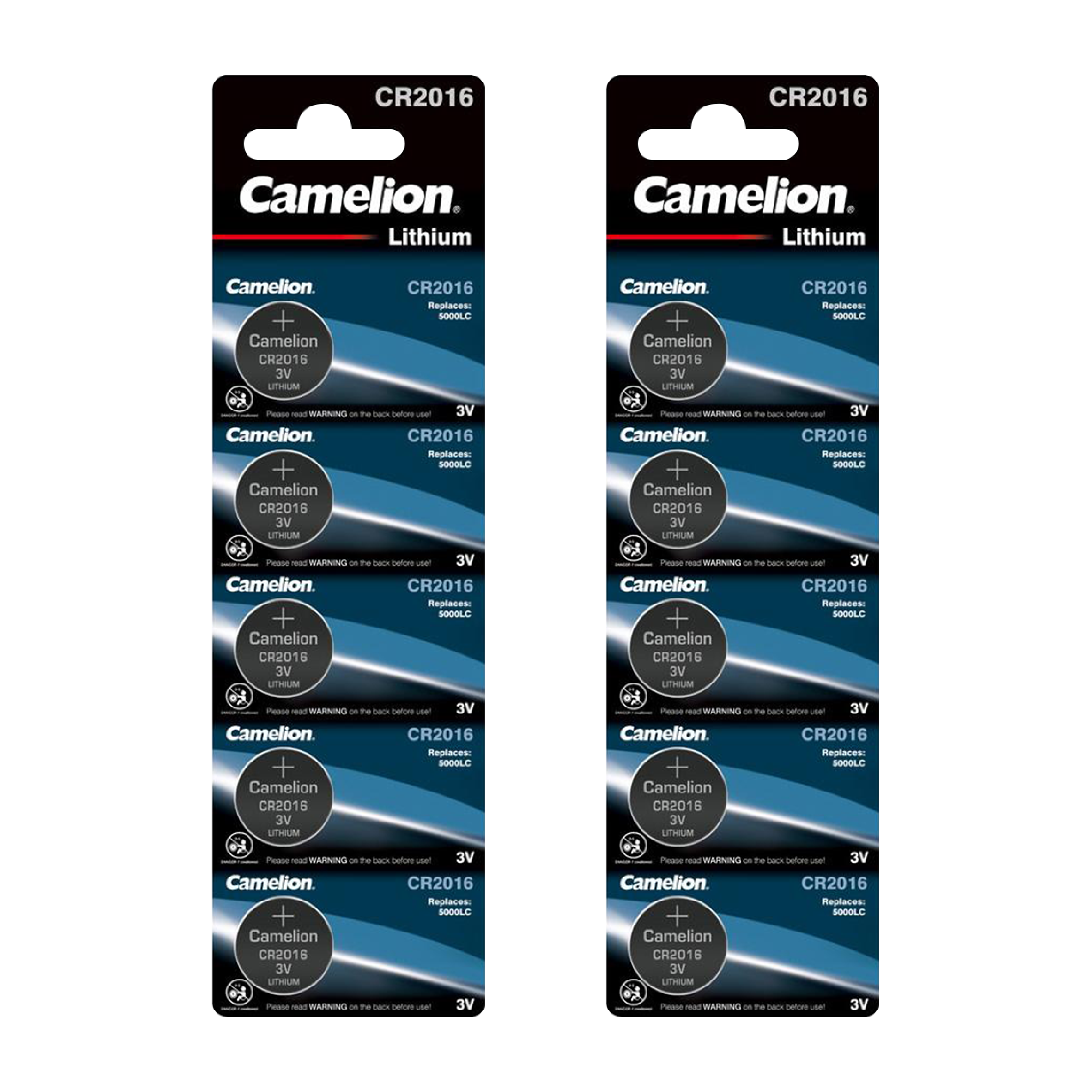 Camelion CR2016 Lithium Coin Cell batteries in a 10-pack, showcasing their compact size and packaging.