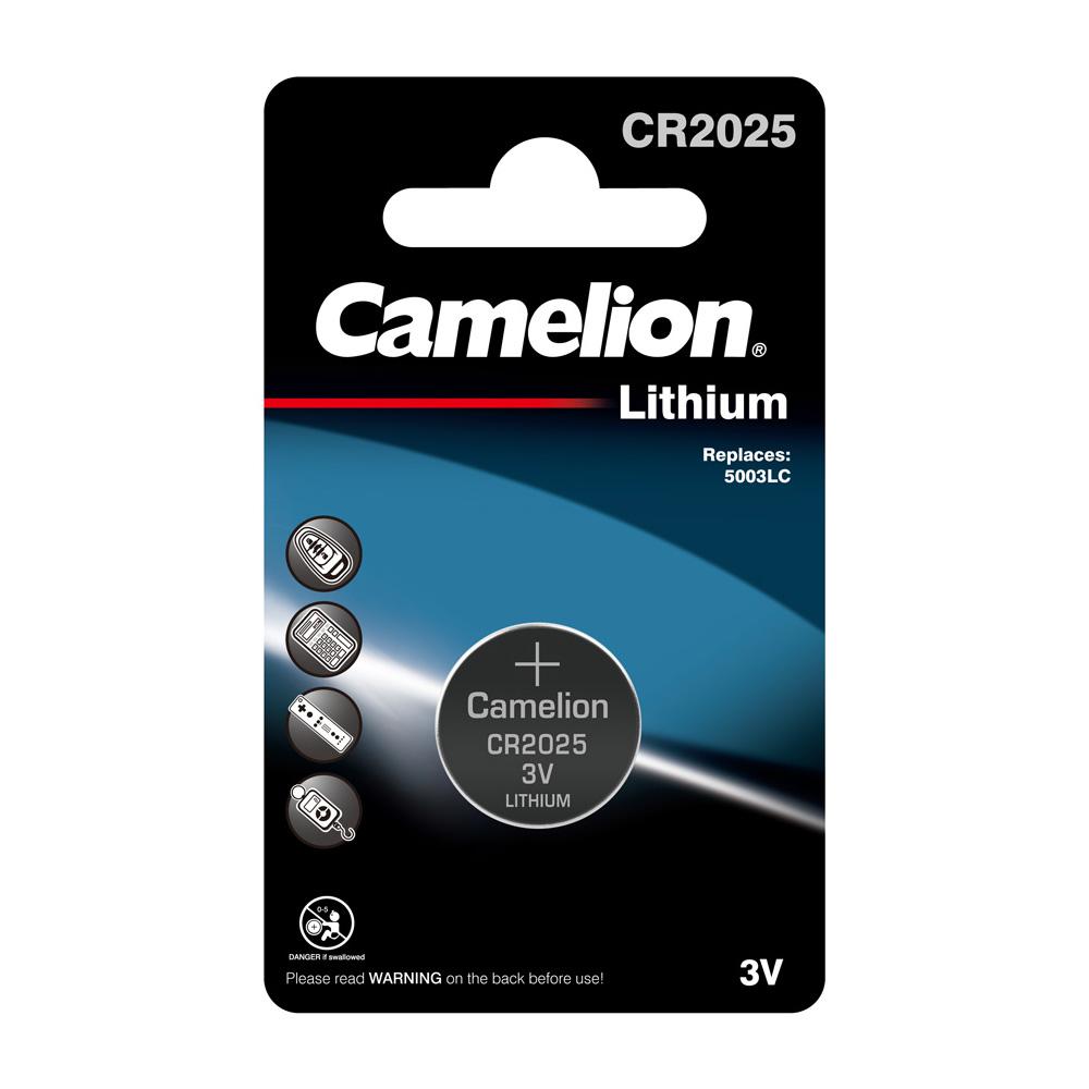 Camelion CR2025 3V Lithium Coin Cell Battery in packaging, ideal for small electronic devices.
