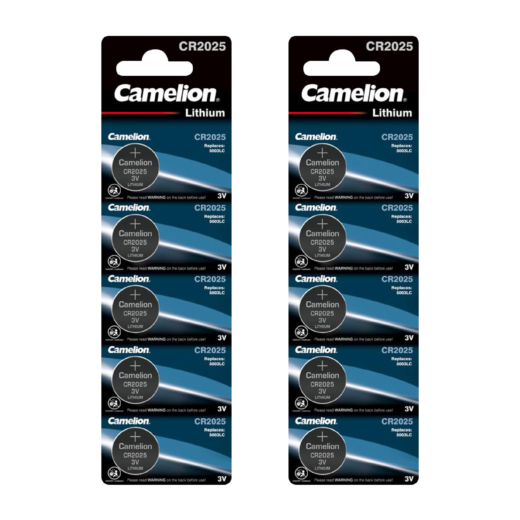 Camelion CR2025 Lithium Coin Cell batteries in a pack of 10, showcasing their compact size and design for electronic devices.