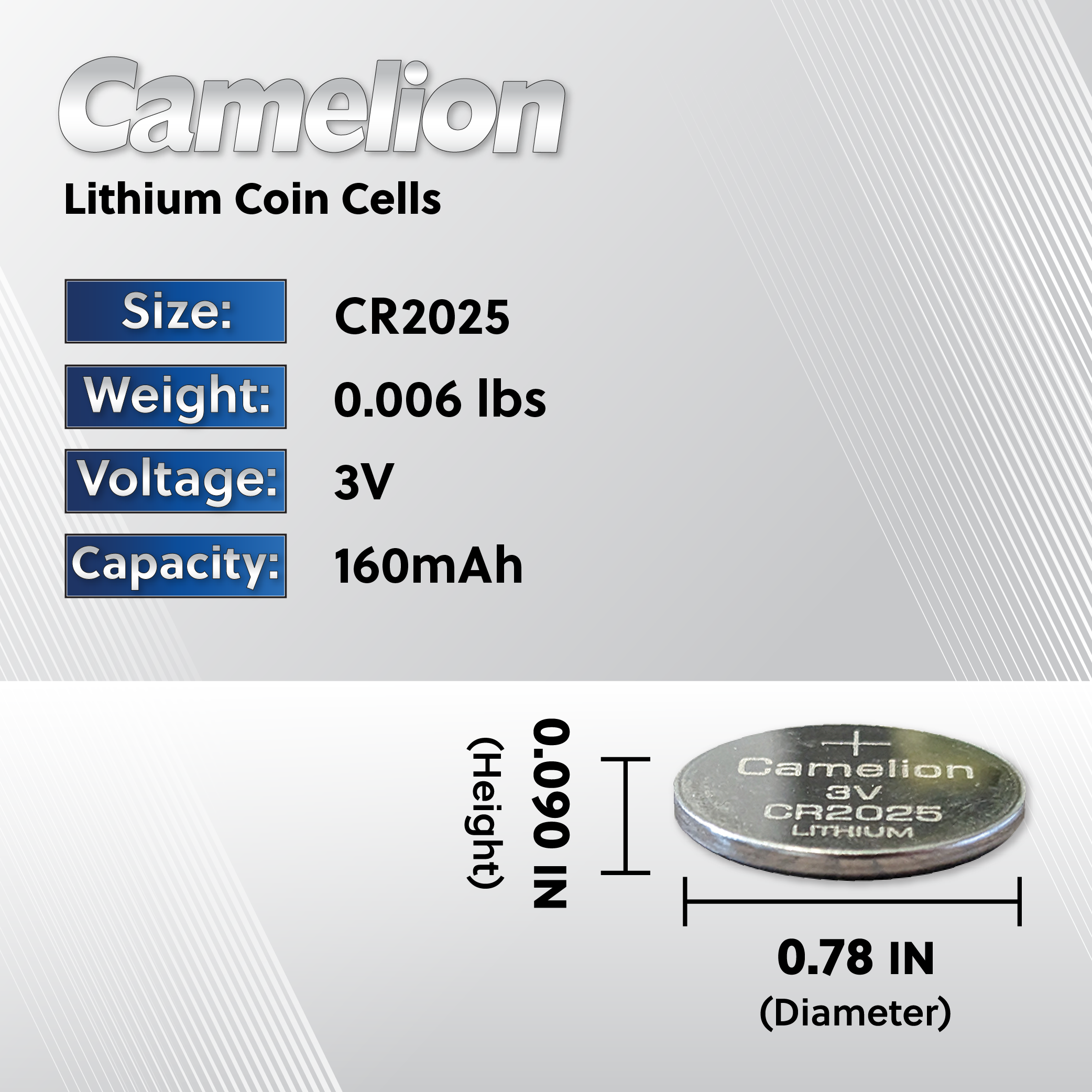 Camelion CR2025 Lithium Coin Cell batteries in a pack of 10, showcasing their compact size and design for electronic devices.
