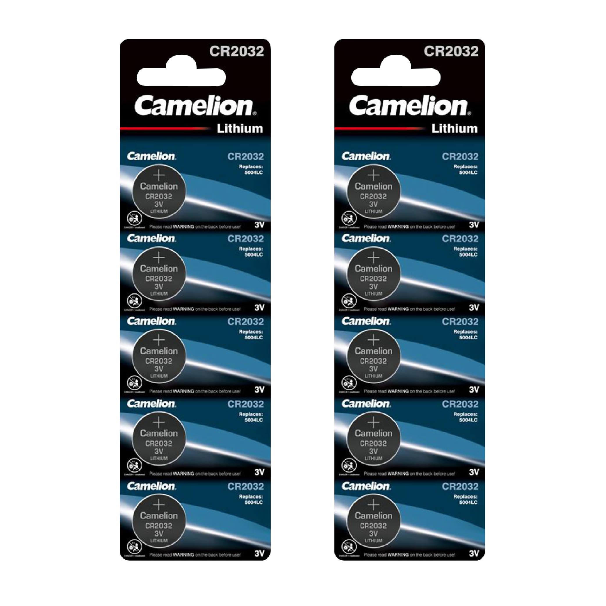 Camelion CR2032 Lithium Coin Cell batteries in a 10-pack, showcasing their compact size and packaging.