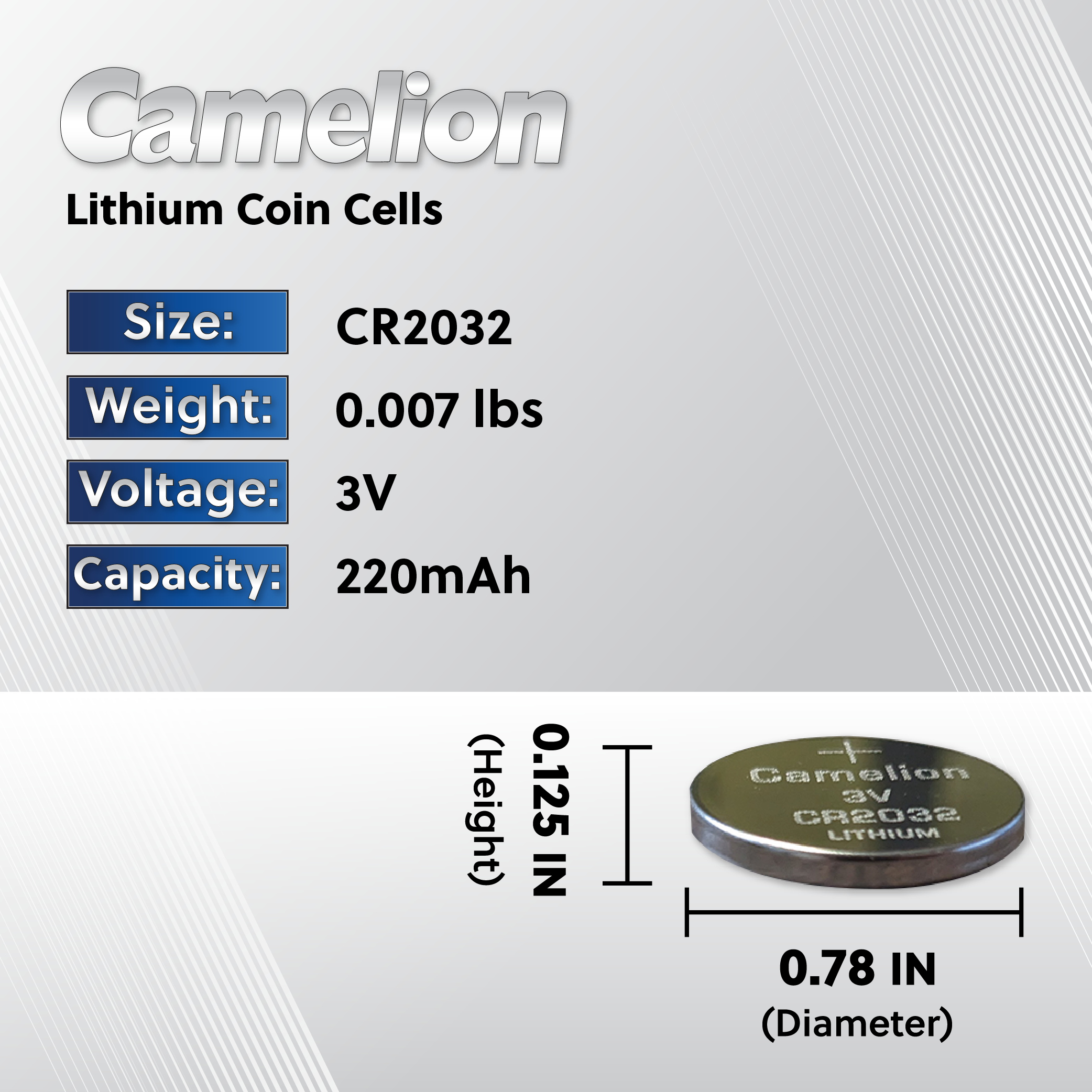 Camelion CR2032 Lithium Coin Cell batteries in a 10-pack, showcasing their compact size and packaging.