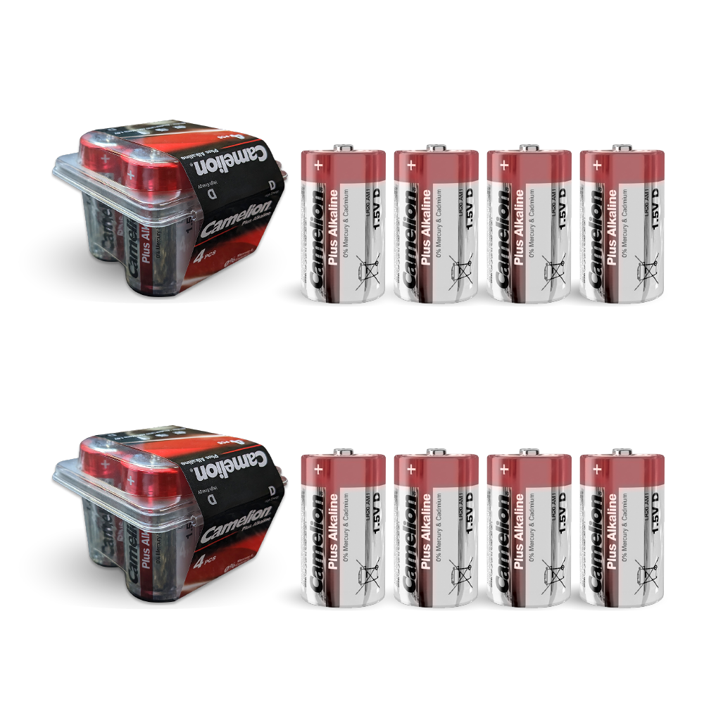 Camelion D Plus Alkaline Batteries 8 Pack, featuring durable design and reliable power for high drain devices.