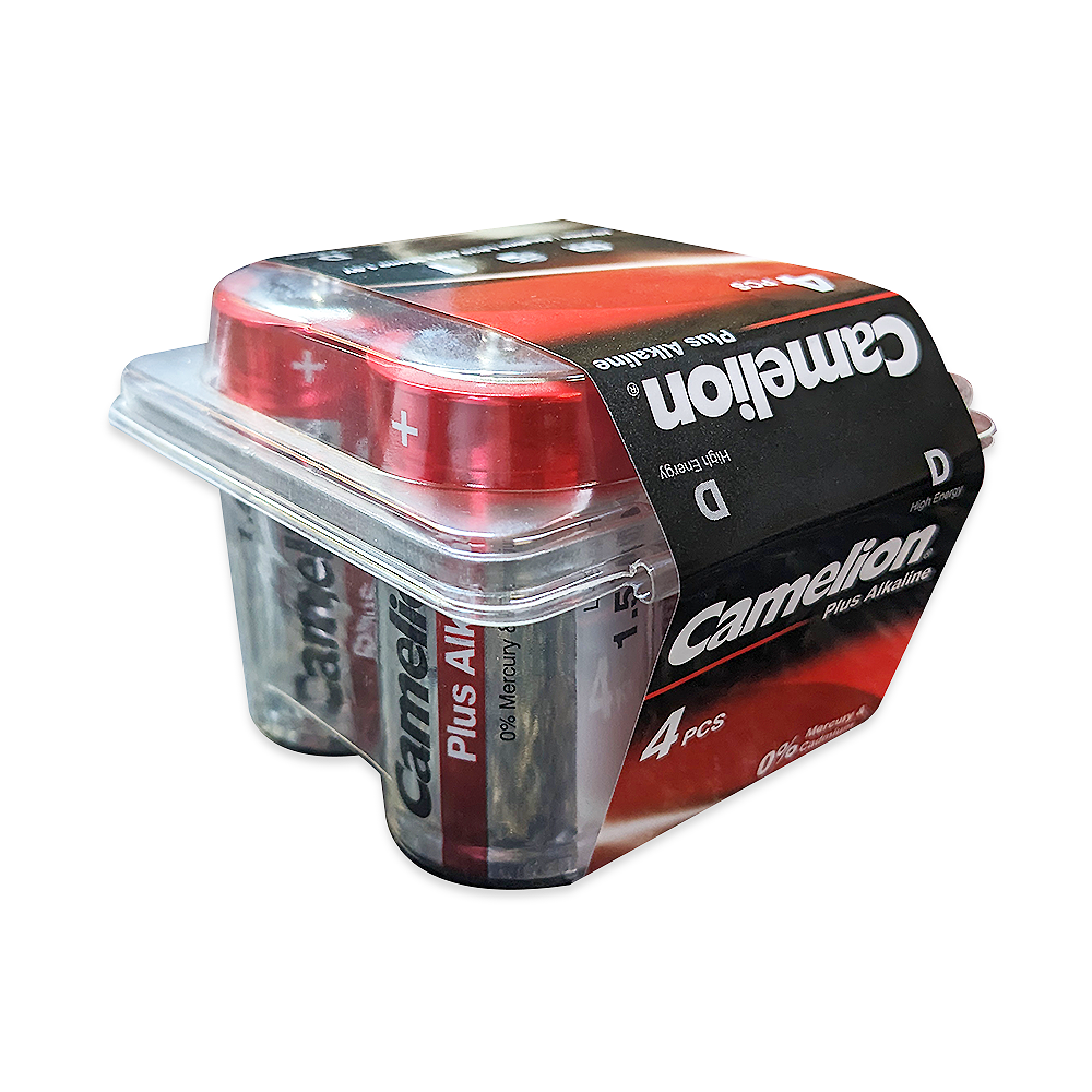 Camelion D Plus Alkaline batteries in a plastic tub of 4, showcasing their size and packaging.