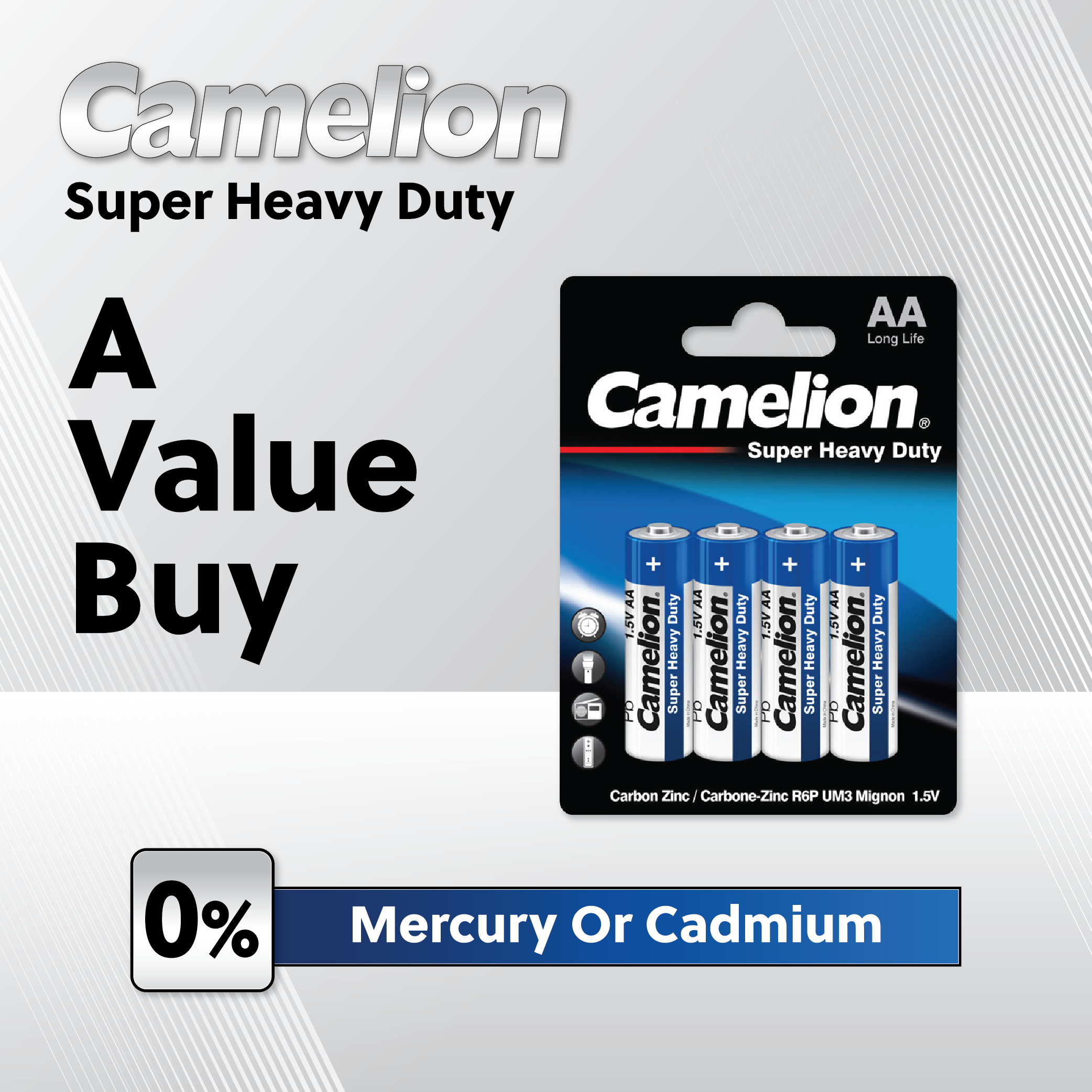 Camelion D Super Heavy Duty 2pk batteries, showcasing their size and packaging.
