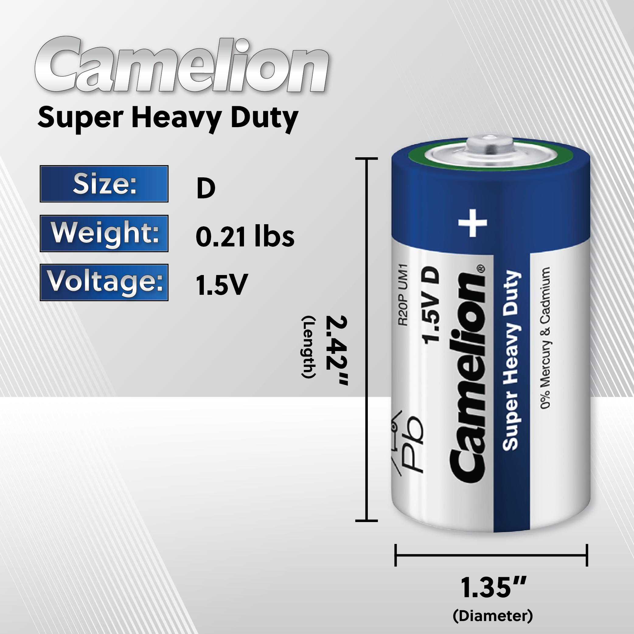 Camelion D Super Heavy Duty 2pk batteries, showcasing their size and packaging.