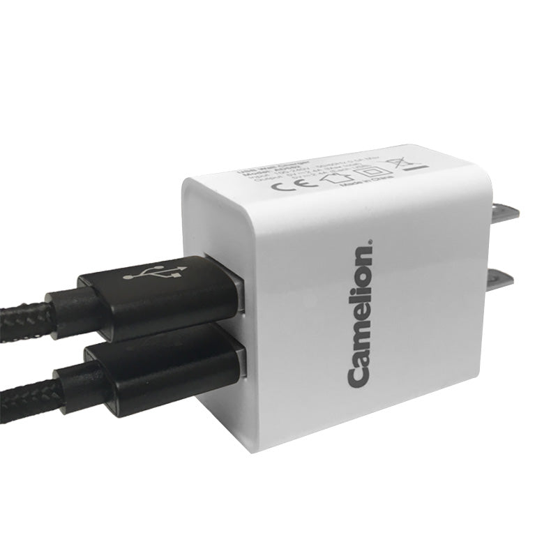Camelion Dual USB Wall Charger in retail box, featuring dual USB ports and safety features.