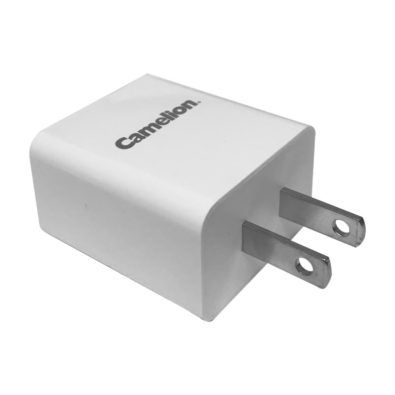 Camelion Dual USB Wall Charger in retail box, featuring dual USB ports and safety features.