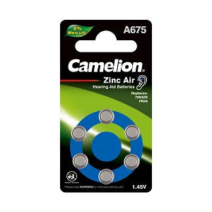 Camelion Hearing Aid A675 6pk batteries, featuring Zinc Air technology for long-lasting power and reliability.