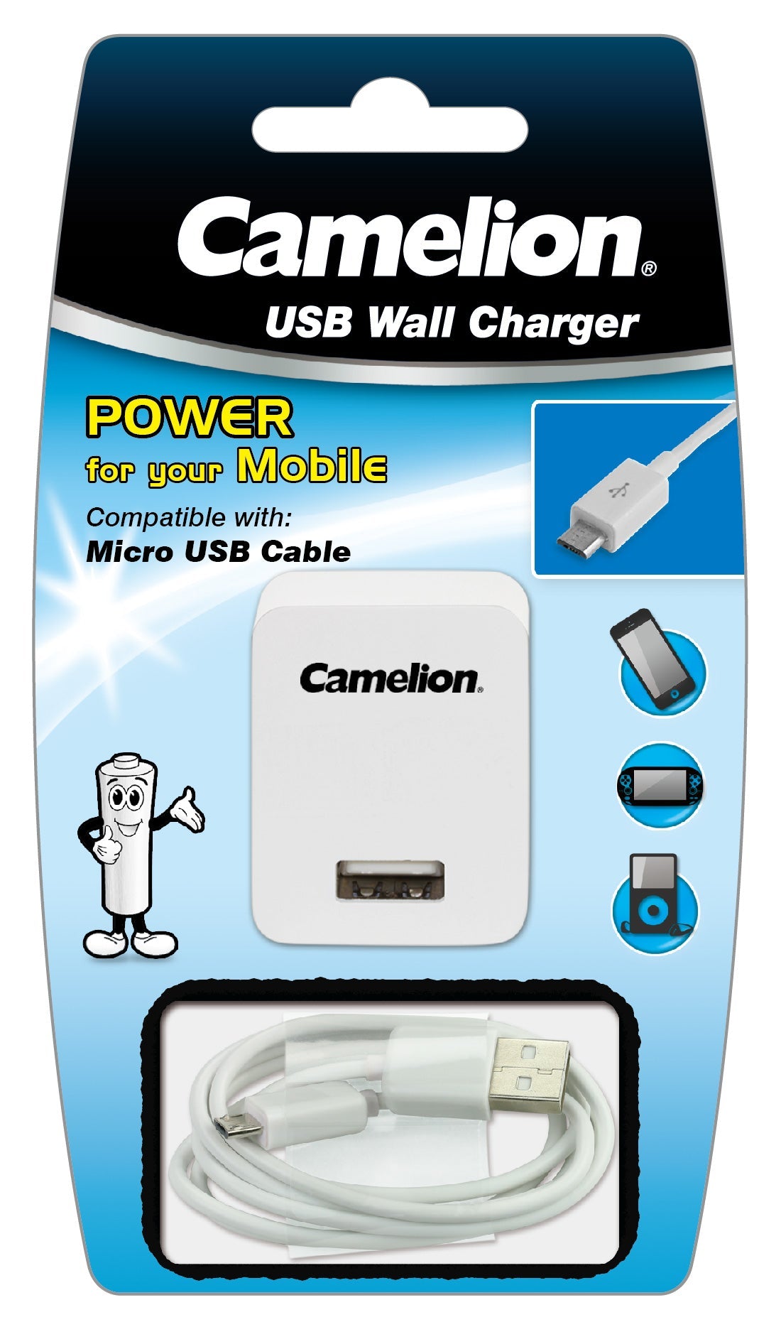 Camelion Micro USB Cable with Wall Plug, featuring a durable design and safety features for efficient charging.