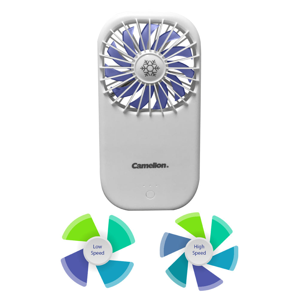 Camelion Mobile Power with Fan in white, showcasing its compact design and built-in fan feature.