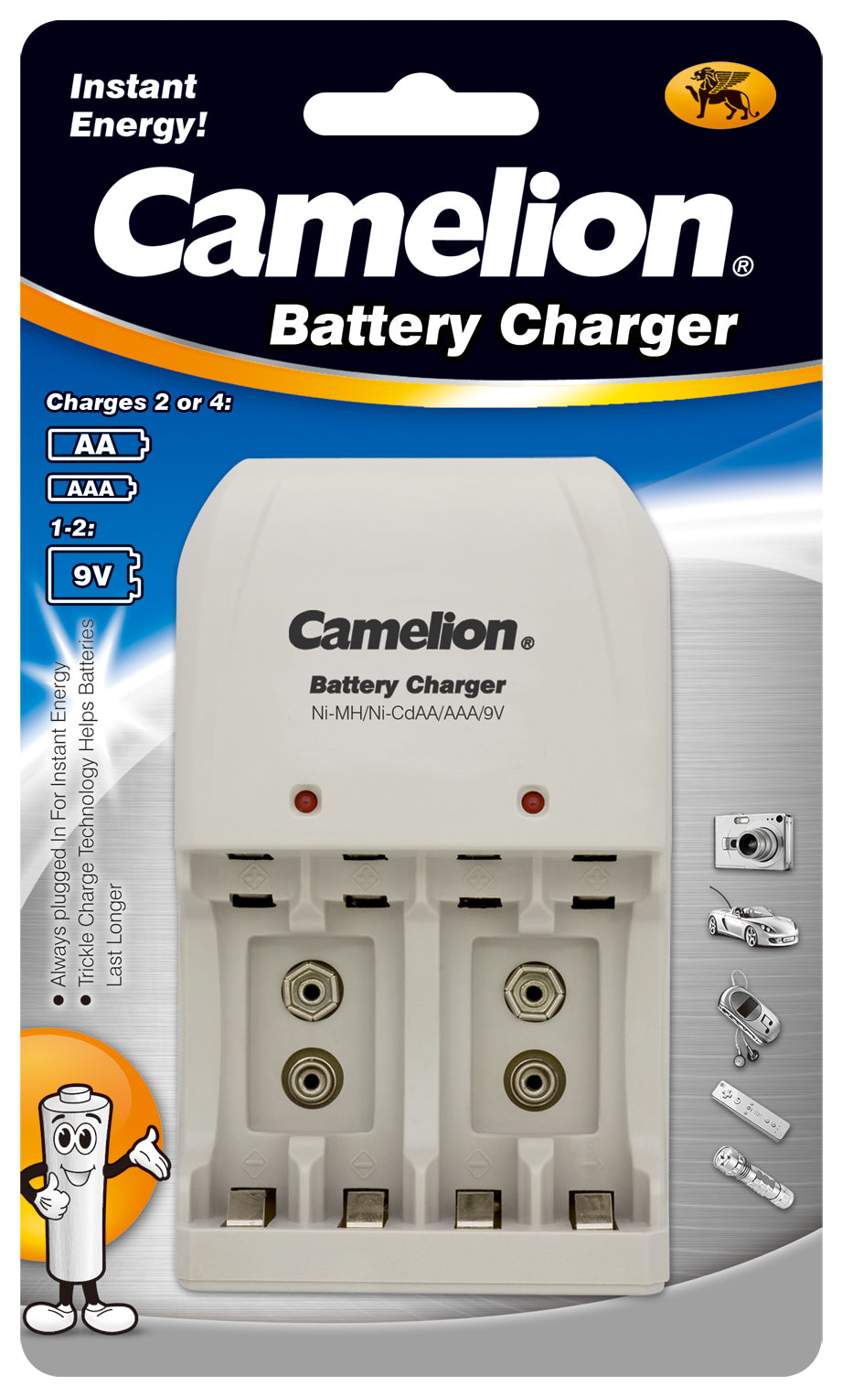 Camelion Overnight Charger for AA, AAA, and 9V batteries with LED indicators and independent charging channels.