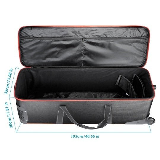 Camera Rolley Carry Bag with padded compartments and wheels, designed for DSLR cameras and photo studio equipment.