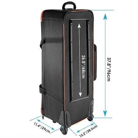 Camera Rolley Carry Bag with padded compartments and wheels, designed for DSLR cameras and photo studio equipment.