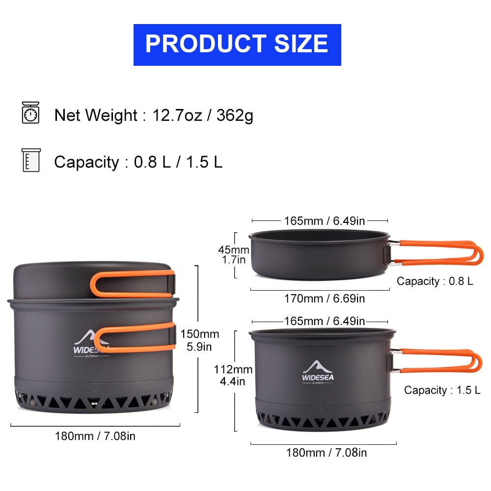 Widesea Camping Cookware Set featuring 1.3L and 2.3L pots made of durable aluminium alloy, designed for outdoor cooking.