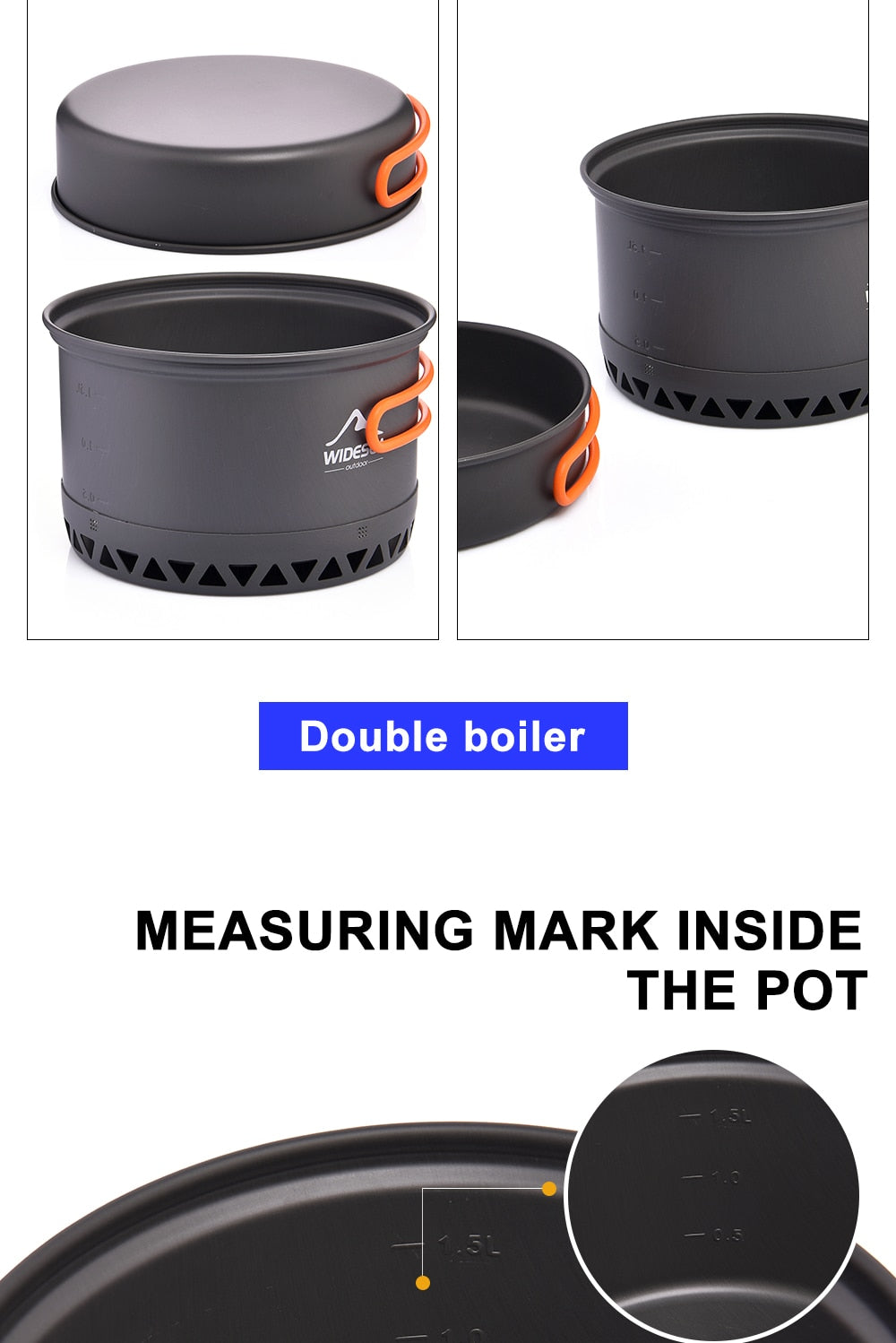 Widesea Camping Cookware Set featuring 1.3L and 2.3L pots made of durable aluminium alloy, designed for outdoor cooking.
