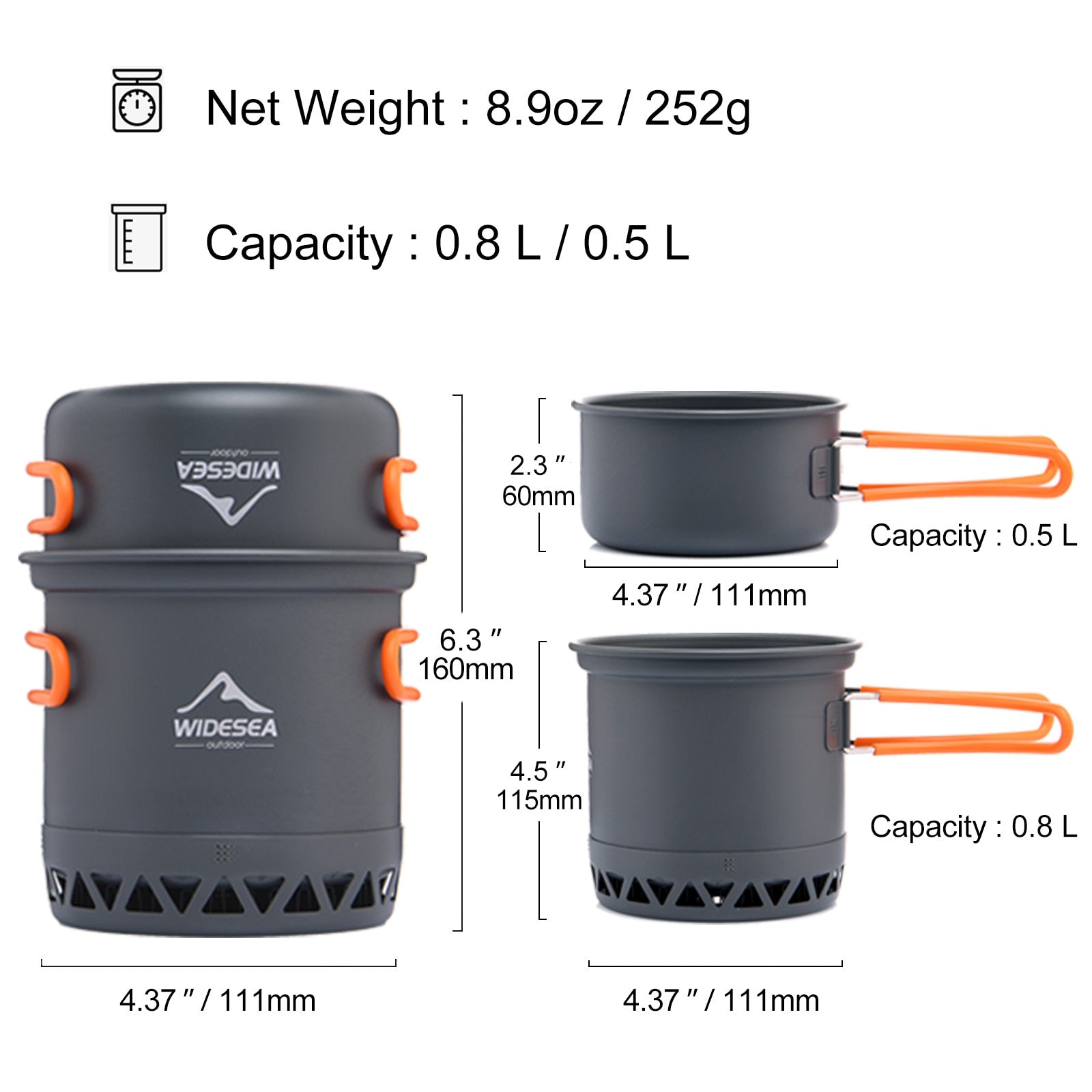 Widesea Camping Cookware Set featuring 1.3L and 2.3L pots made of durable aluminium alloy, designed for outdoor cooking.