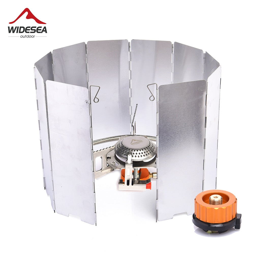 Camping Cookware Set featuring a windproof gas stove and stainless steel construction, ideal for outdoor cooking.