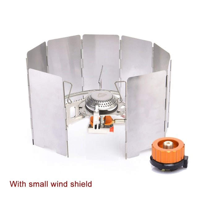 Camping Cookware Set featuring a windproof gas stove and stainless steel construction, ideal for outdoor cooking.