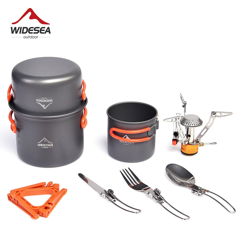 Camping Cookware Set including pots, burner stove, knife, fork, and cup, designed for outdoor cooking.