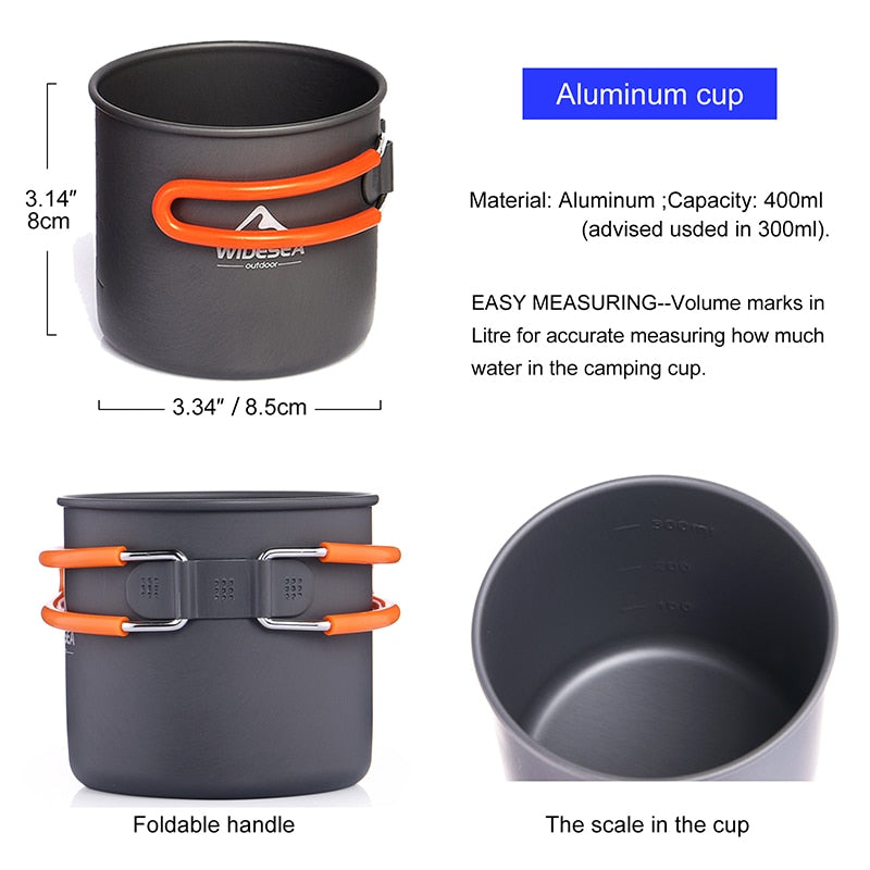 Camping Cookware Set including pots, burner stove, knife, fork, and cup, designed for outdoor cooking.