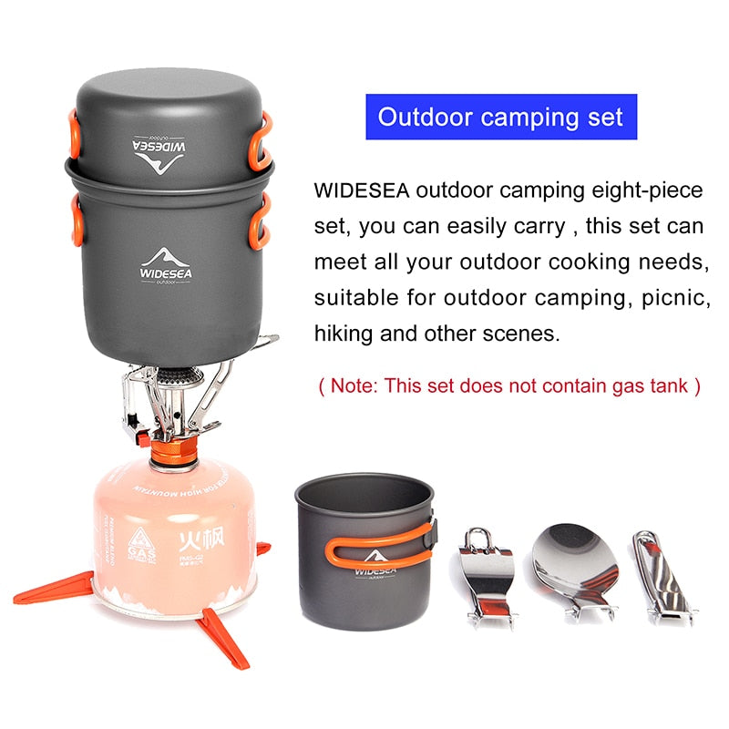 Camping Cookware Set including pots, burner stove, knife, fork, and cup, designed for outdoor cooking.