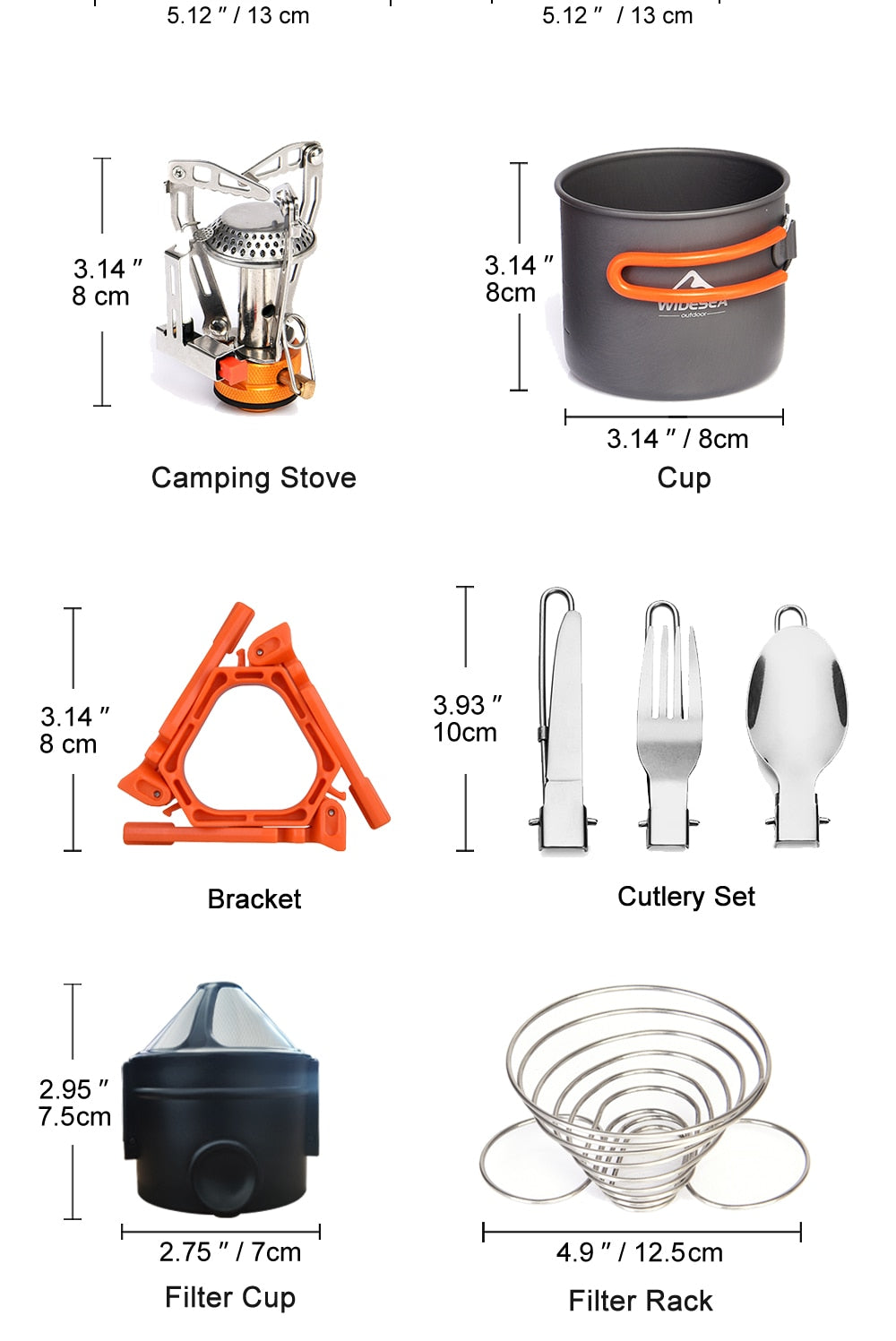 Camping Cookware Set including pots, burner stove, knife, fork, and cup, designed for outdoor cooking.