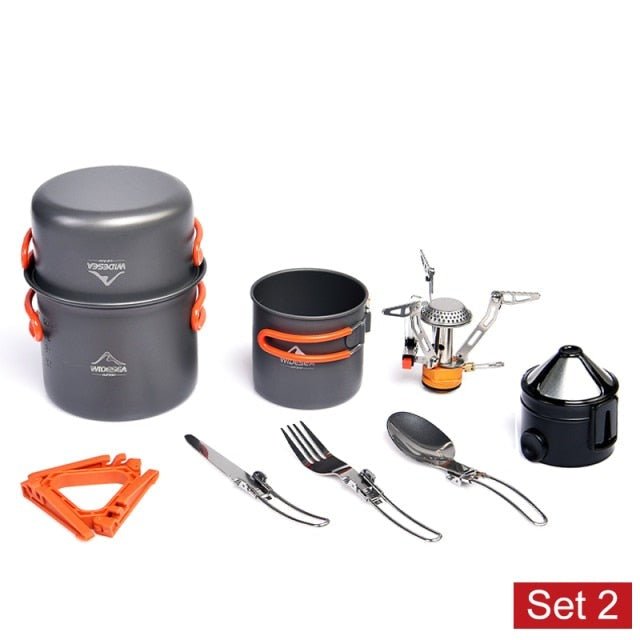 Camping Cookware Set including pots, burner stove, knife, fork, and cup, designed for outdoor cooking.