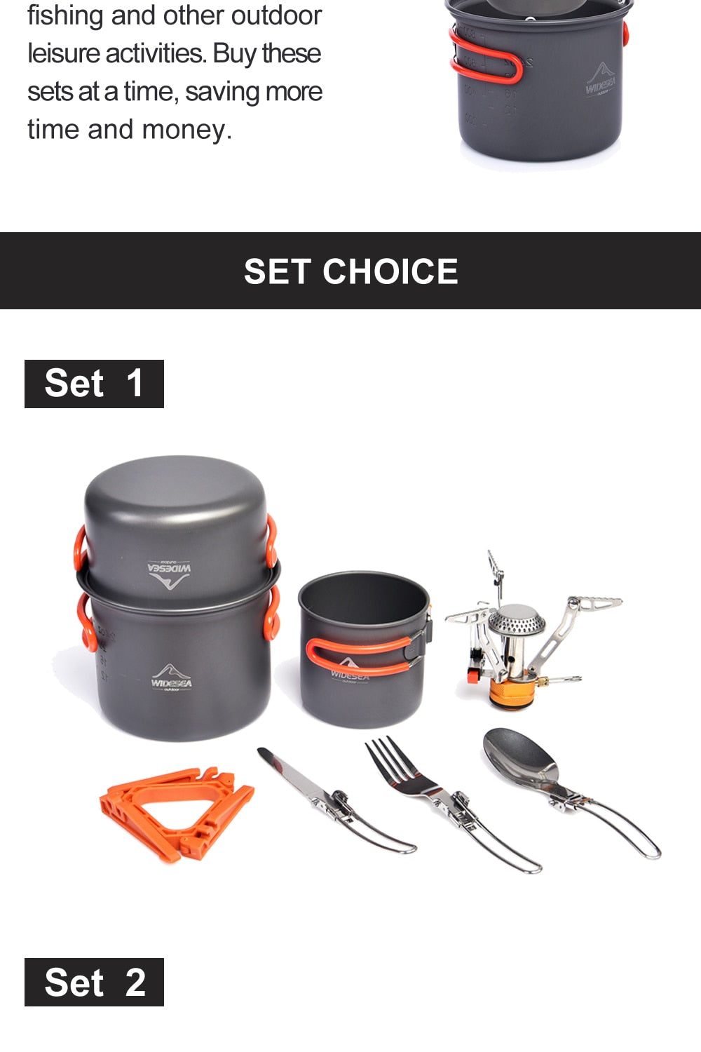 Camping Cookware Set including pots, burner stove, knife, fork, and cup, designed for outdoor cooking.