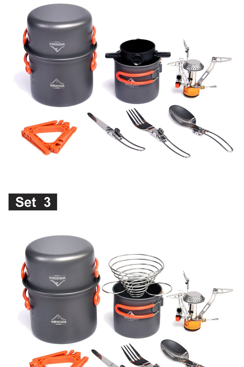 Camping Cookware Set including pots, burner stove, knife, fork, and cup, designed for outdoor cooking.