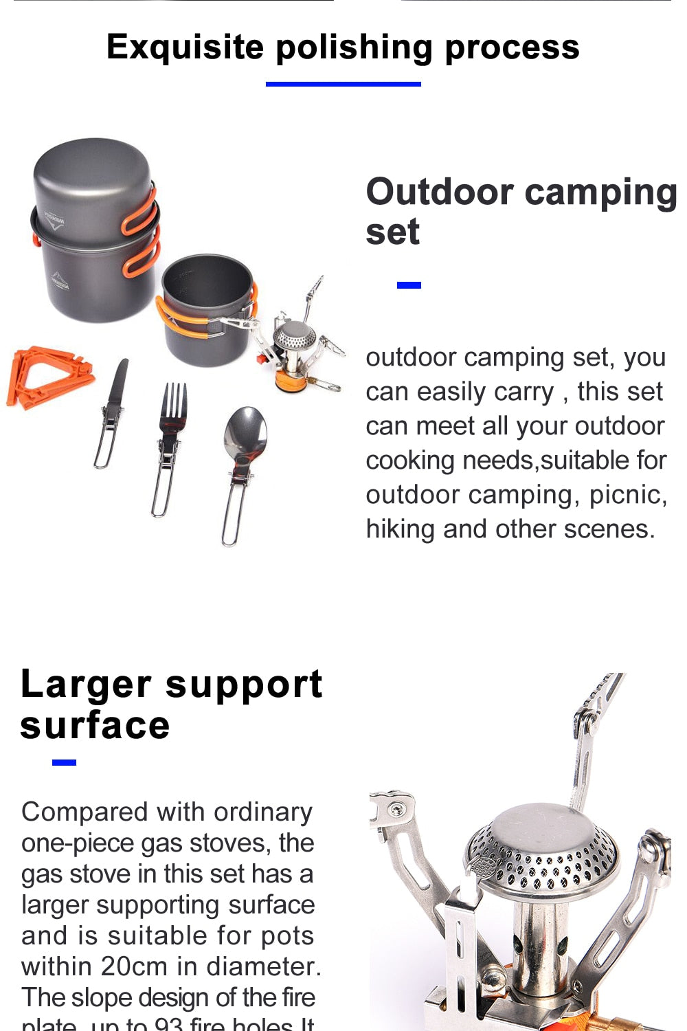 Camping Cookware Set including pots, burner stove, knife, fork, and cup, designed for outdoor cooking.