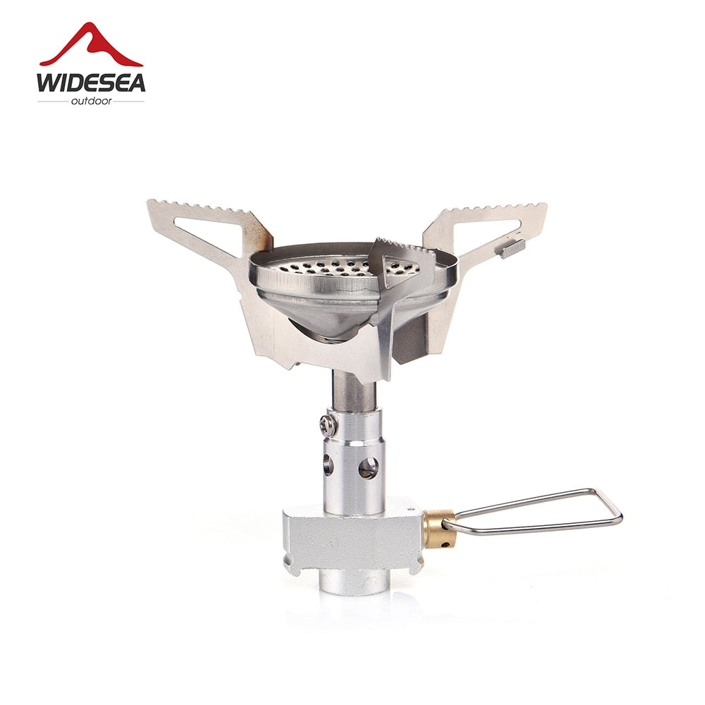 A compact Camping Gas Burner Backpack Stove made of metal, designed for outdoor cooking with propane fuel, suitable for up to three users.