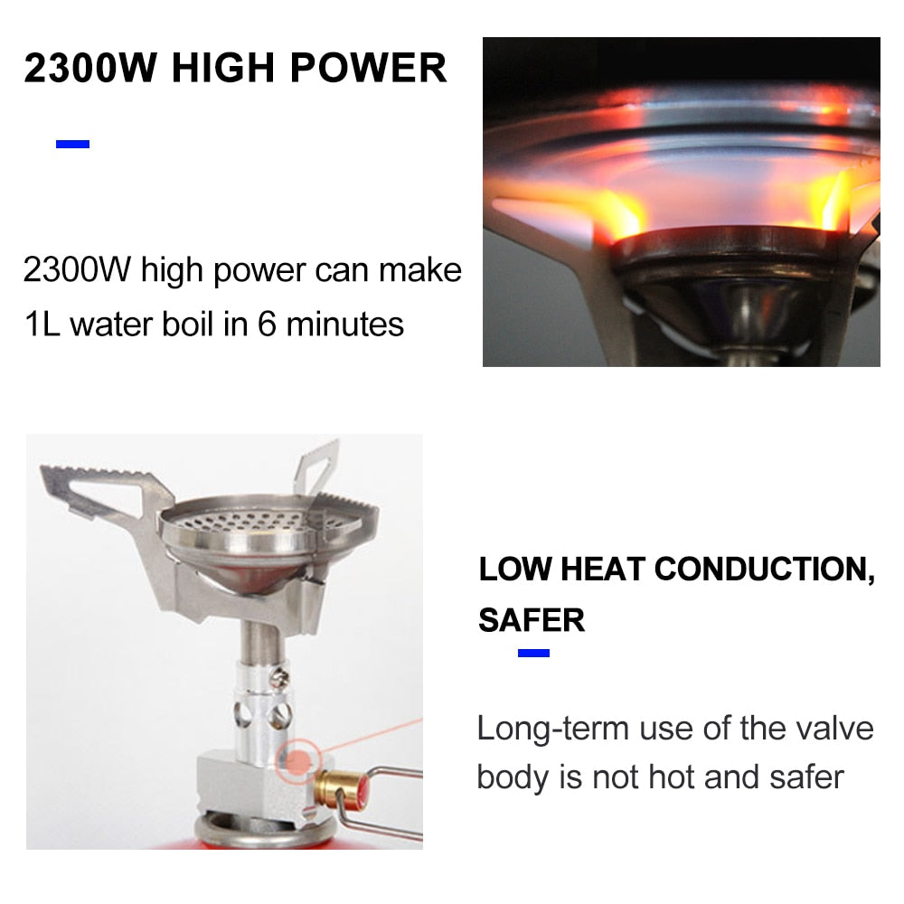 A compact Camping Gas Burner Backpack Stove made of metal, designed for outdoor cooking with propane fuel, suitable for up to three users.