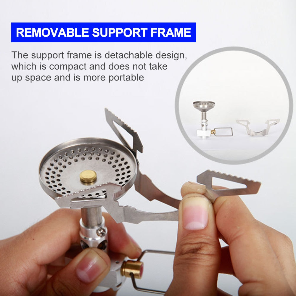 A compact Camping Gas Burner Backpack Stove made of metal, designed for outdoor cooking with propane fuel, suitable for up to three users.